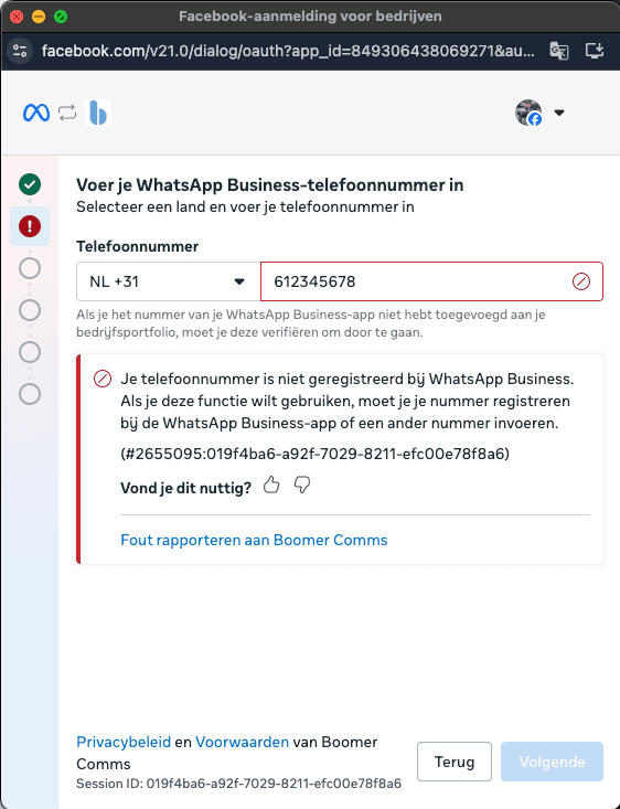 Foutmelding: telefoonnummer niet geregistreerd bij WhatsApp Business