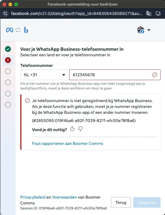 Foutmelding: telefoonnummer niet geregistreerd bij WhatsApp Business